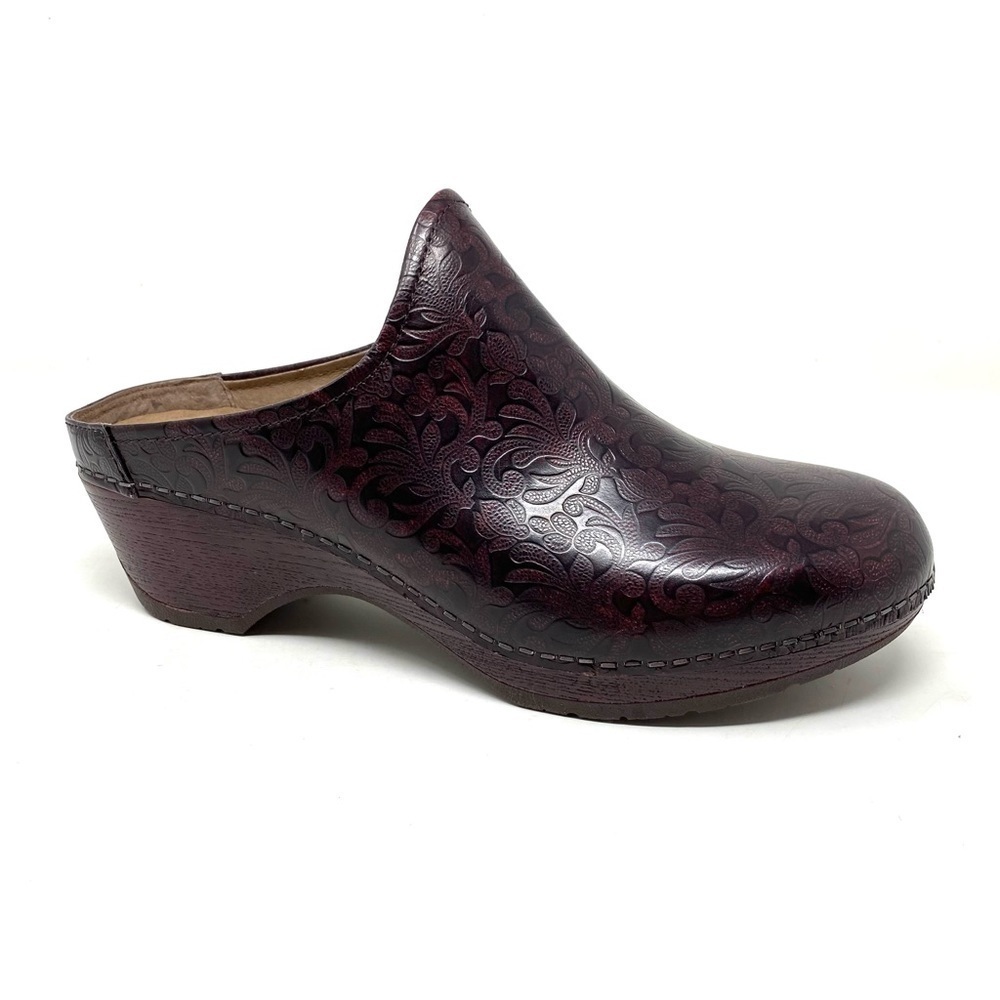 Dansko Melody Mahogany Leather Tooled Slip On Clog